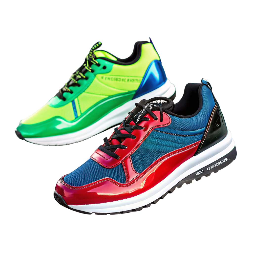 Two pairs of colorful sport sneakers, one neon green and blue, the other red and blue, displayed side by side against a white background.