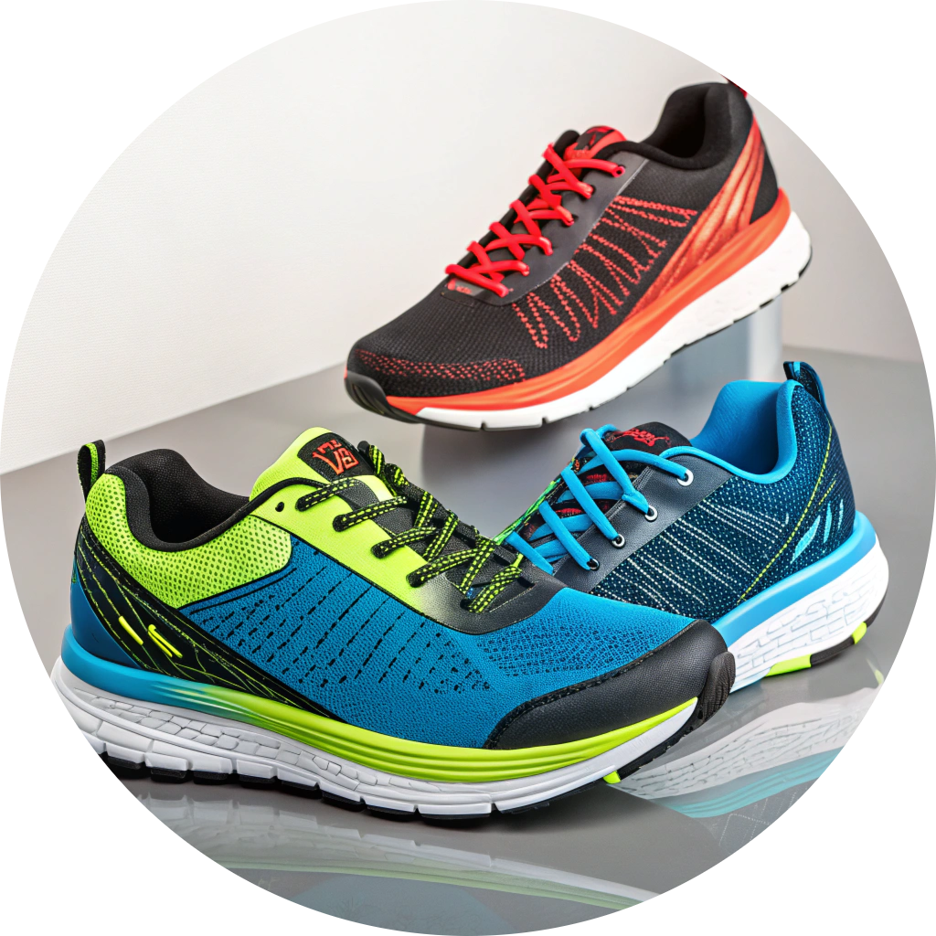 Three pairs of modern running shoes in vibrant colors—black with red, green with blue, and navy with aqua—arranged on a reflective display surface.